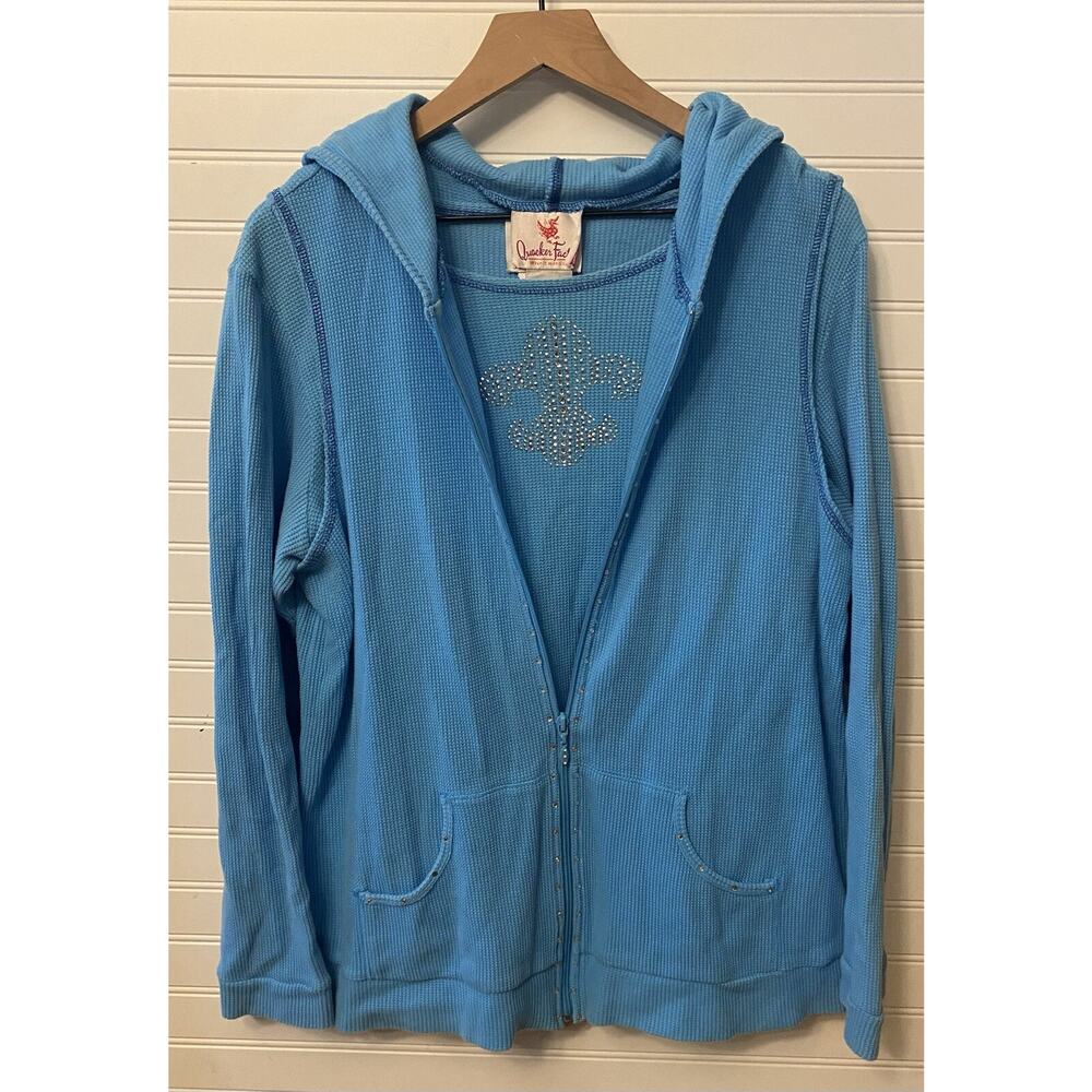 Quacker Factory Womens L Blue Waffle Weave Texture Fleur-de-lis Blouse 2 pc